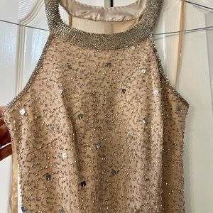 Adrienna Papell size 2, hemmed to fit 5’0” frame with 3 inch heels.